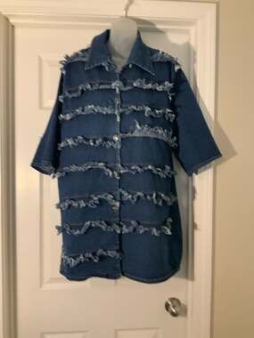 E KAMALL USA Vintage Distressed Frayed Fringe Denim Shirt Jacket Dress